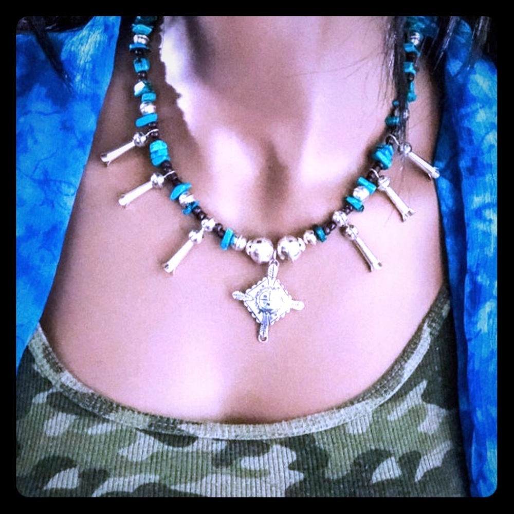 SQUASH BLOSSOM 18' Sterling Silver and Turquoise